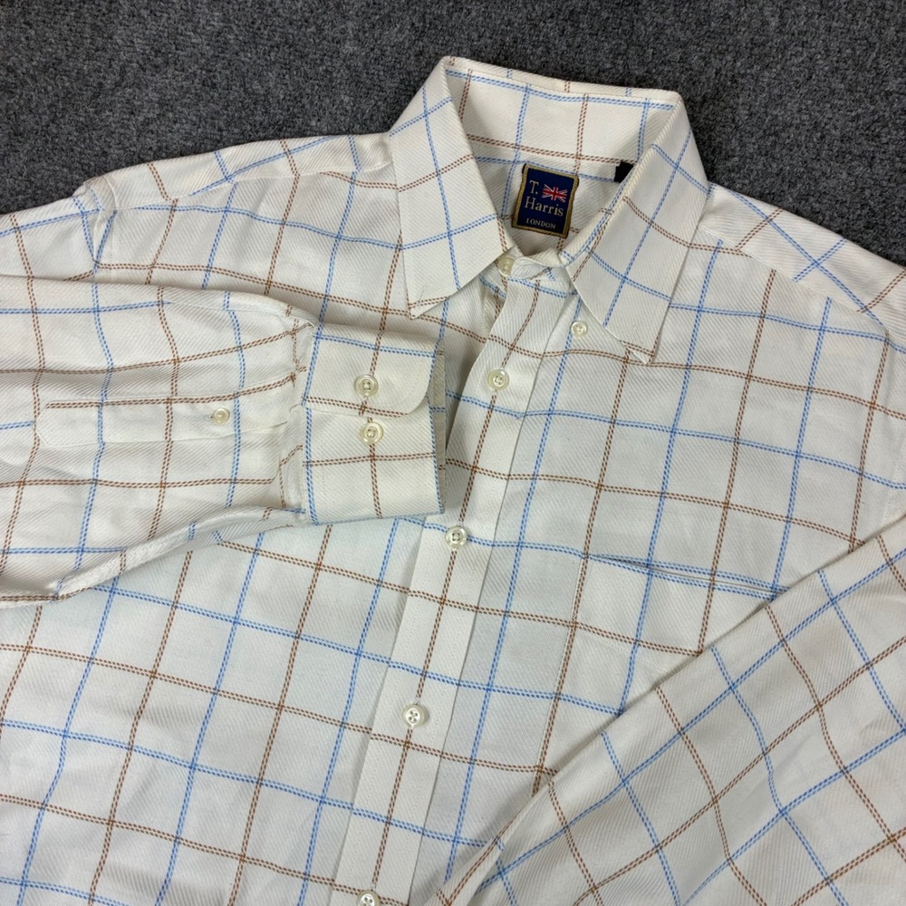 T. Harris London Mens Large Cotton Windowpane Check Button Down Shirt White Blue